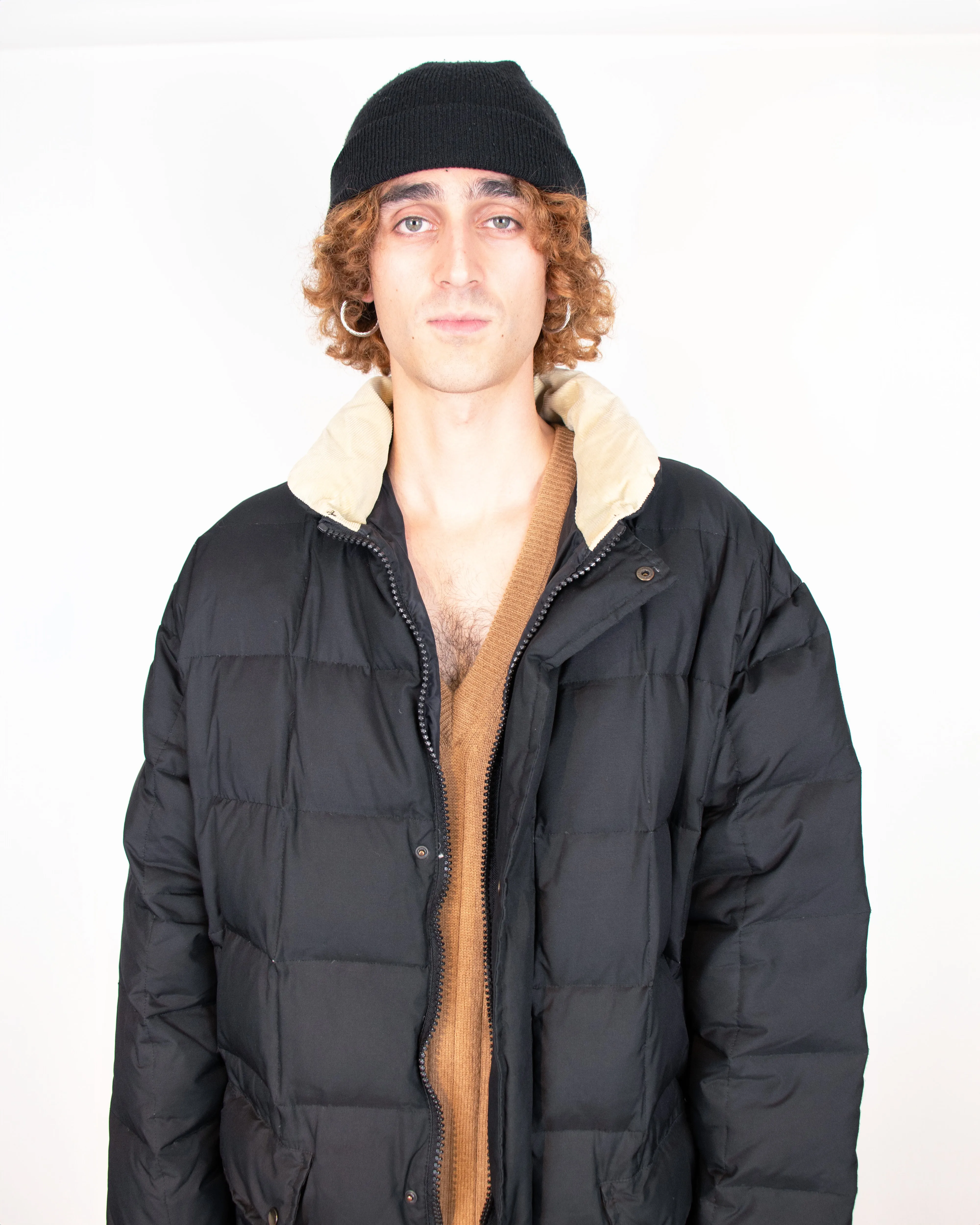 2000s Aquascutum Black Puffer Coat with Corduroy Collar XL