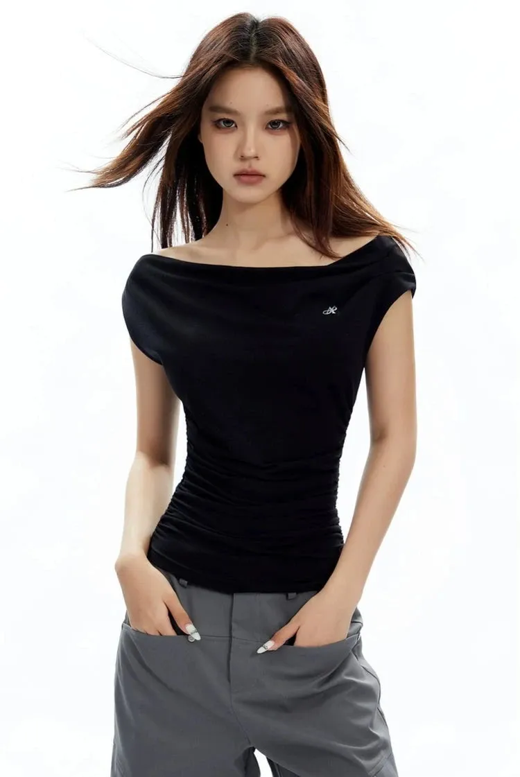 Asymmetrical Neckline Ruched Jersey Top