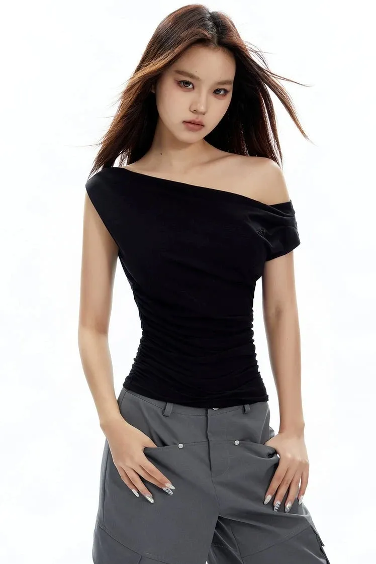 Asymmetrical Neckline Ruched Jersey Top