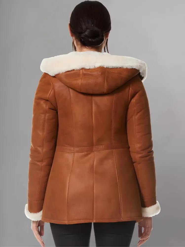 Ayva’s Tan Sheepskin Coat With Hoodie for Women