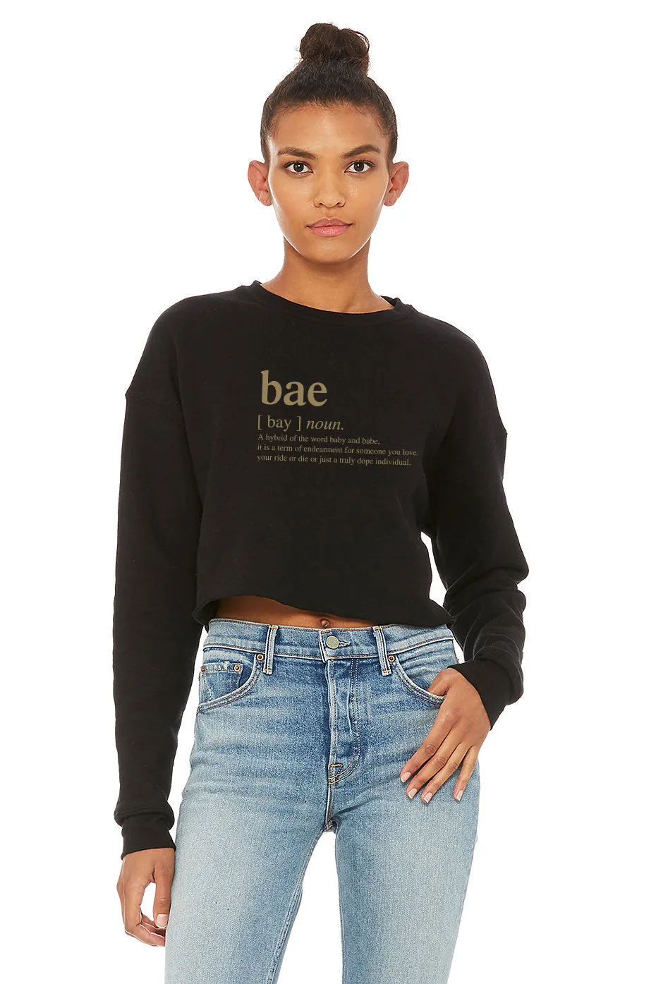 Bae slogan women's cropped crew fleece sweatshirt (FINAL SALE)in black