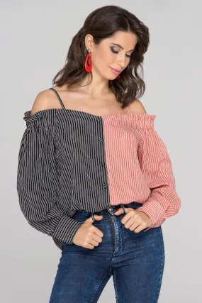 Black and Red Contrast Cold Shoulder Top