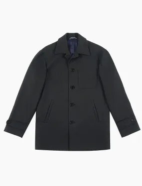 Black Herringbone Waxed Cotton Overcoat