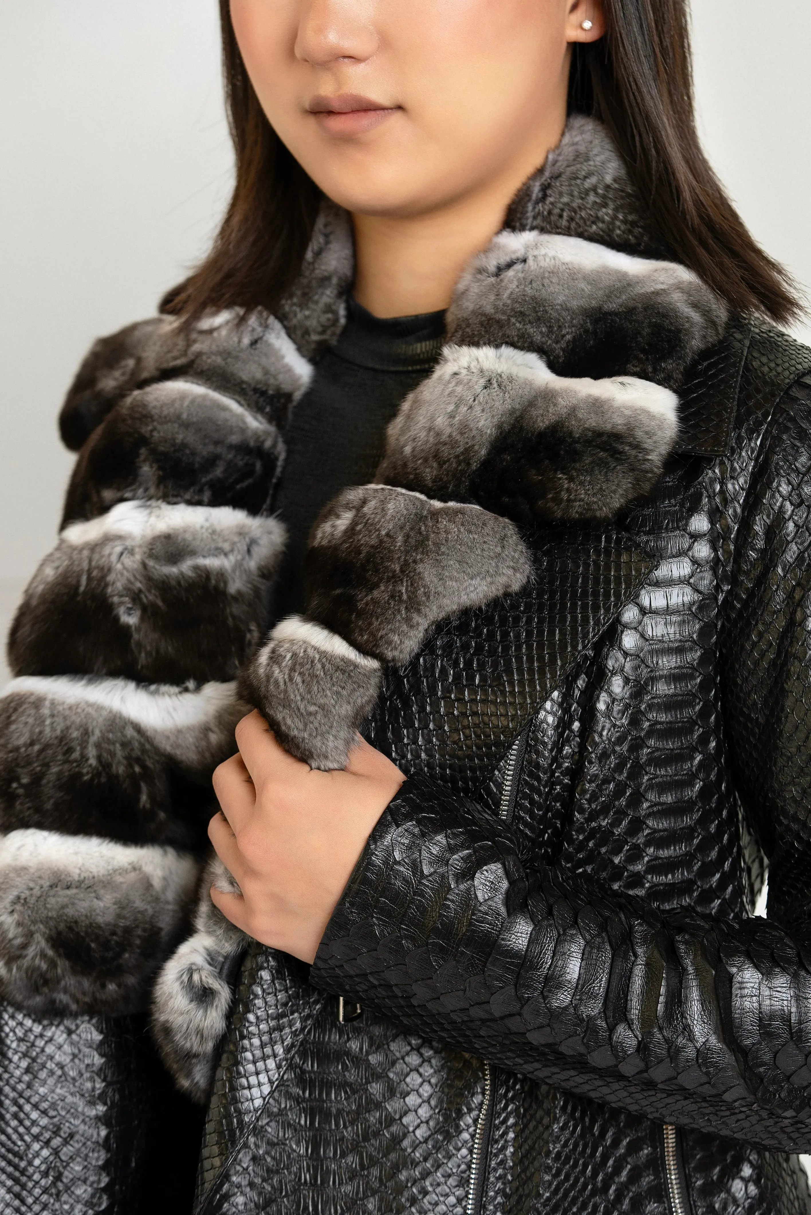 Black python  Leather Jacket with Chinchilla Fur Collar