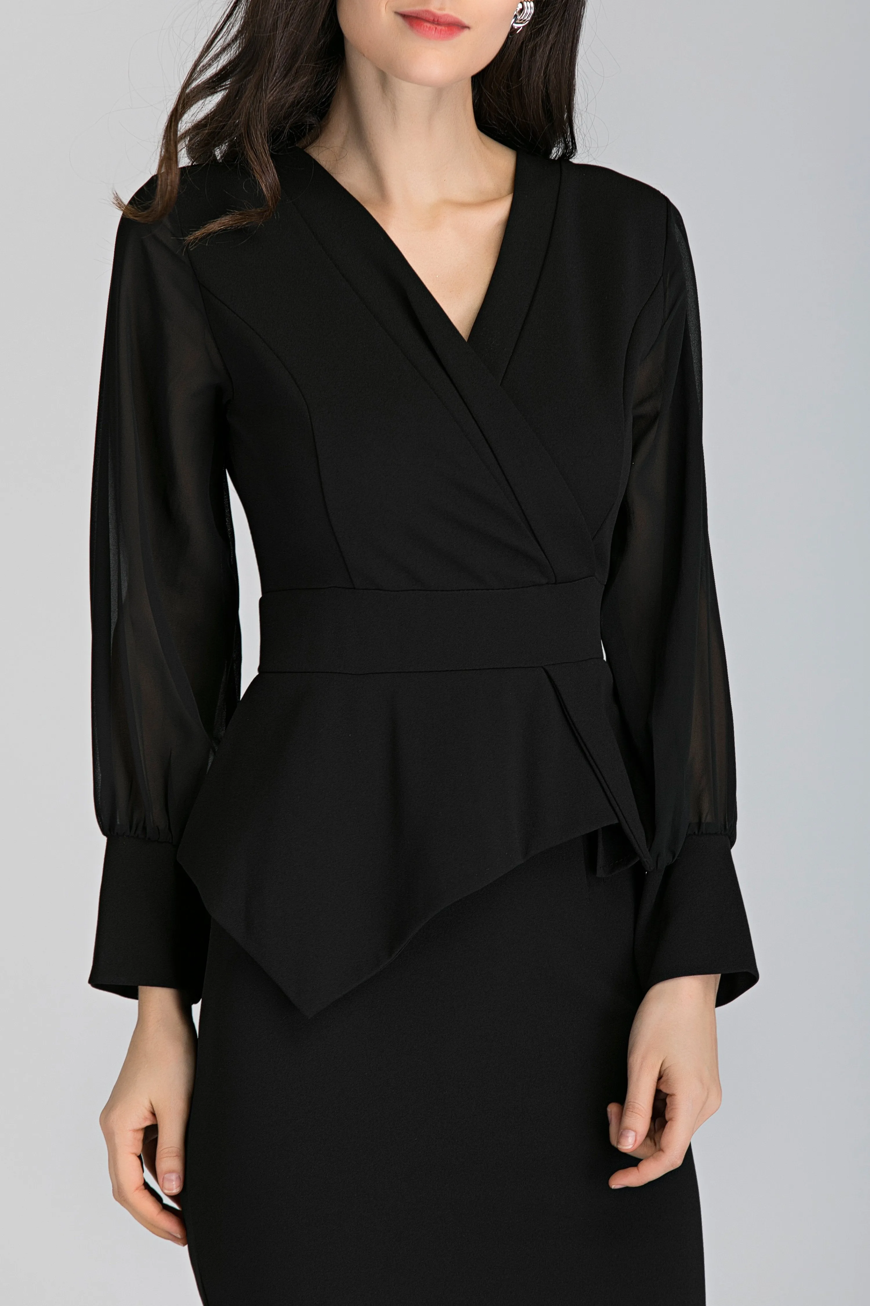 Black Sheer Sleeved Wrap Peplum Maxi Dress