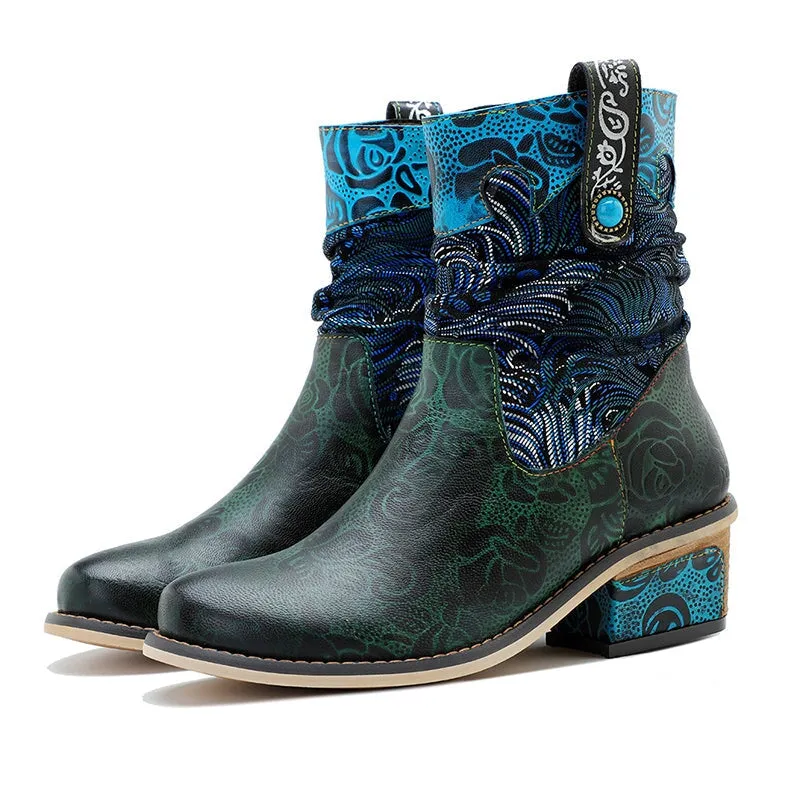 Boho Style Color Blocking Designer Cowgirl Boots In Deep Green