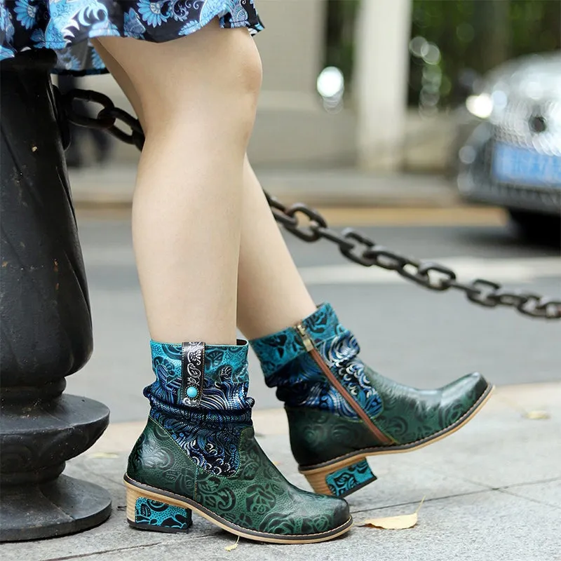 Boho Style Color Blocking Designer Cowgirl Boots In Deep Green