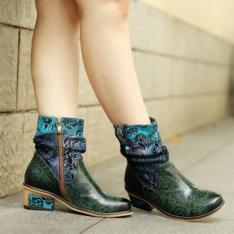 Boho Style Color Blocking Designer Cowgirl Boots In Deep Green