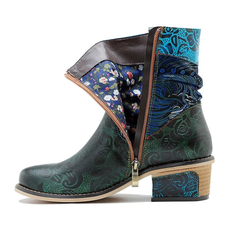 Boho Style Color Blocking Designer Cowgirl Boots In Deep Green