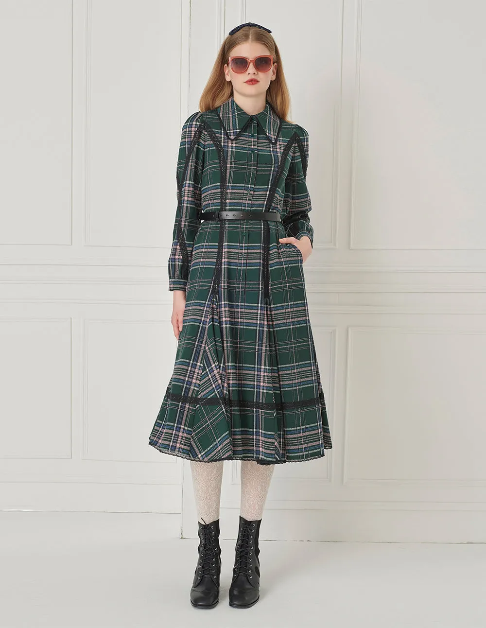 BORA AKSU Plaid Lace-Stripe Puff Long-Sleeve Button-Down Midi Shirt Dress