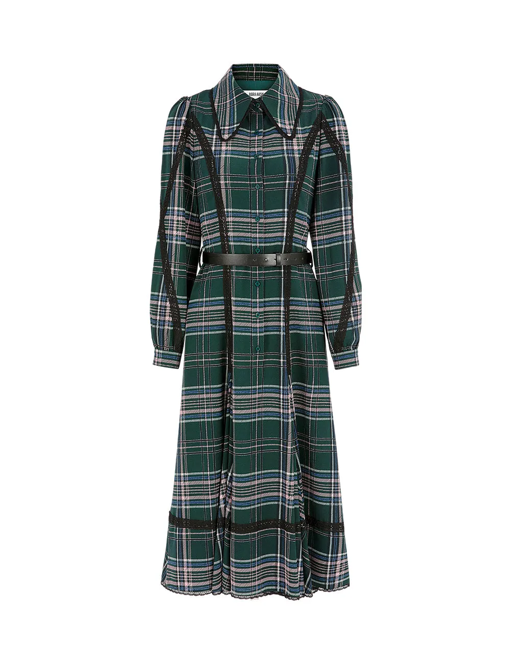 BORA AKSU Plaid Lace-Stripe Puff Long-Sleeve Button-Down Midi Shirt Dress