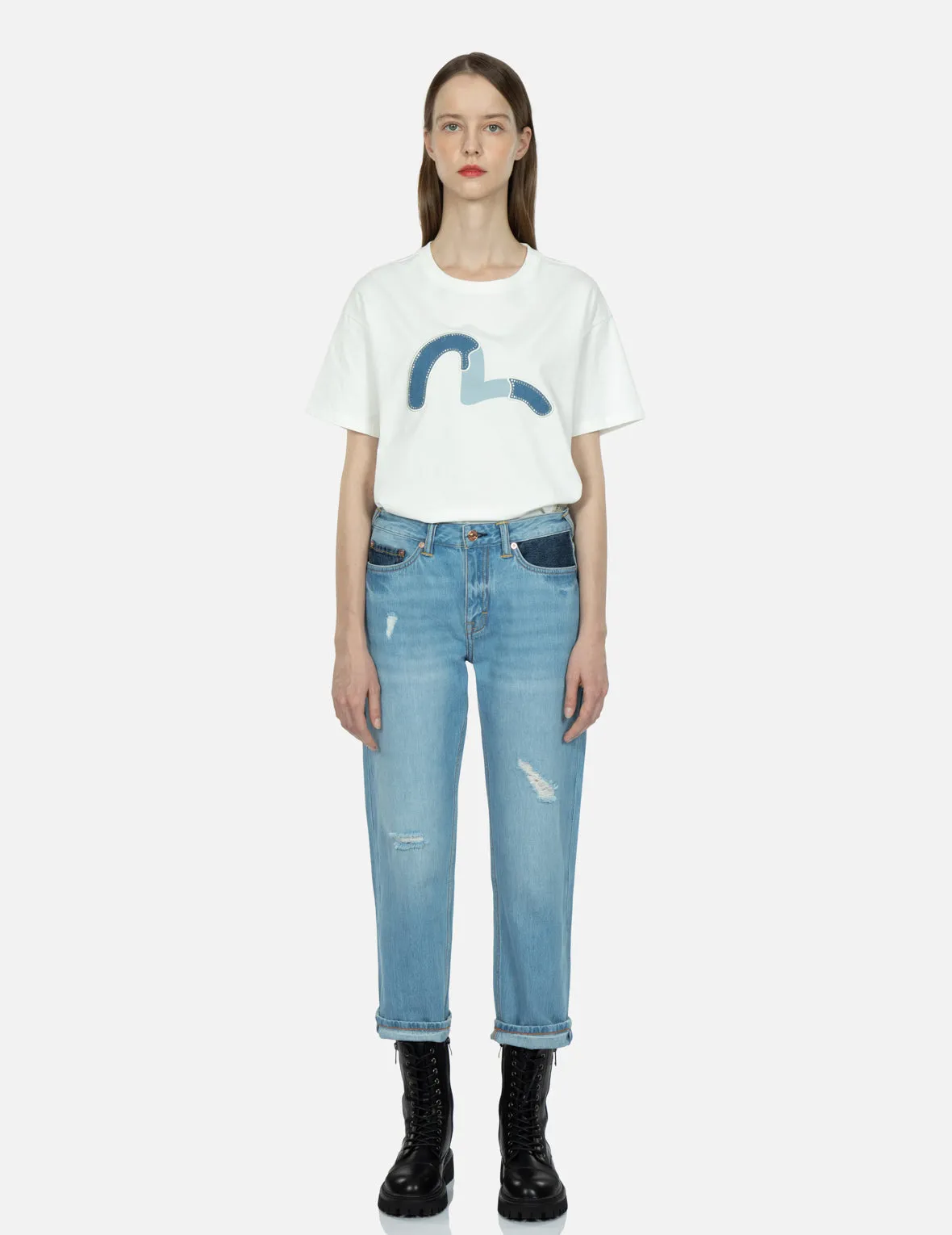 Brand Motto Print Fabric-blocking Boyfriend Jeans