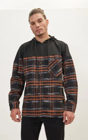 Button Down Plaid Flannel Pullover Hoodie - Brown Black