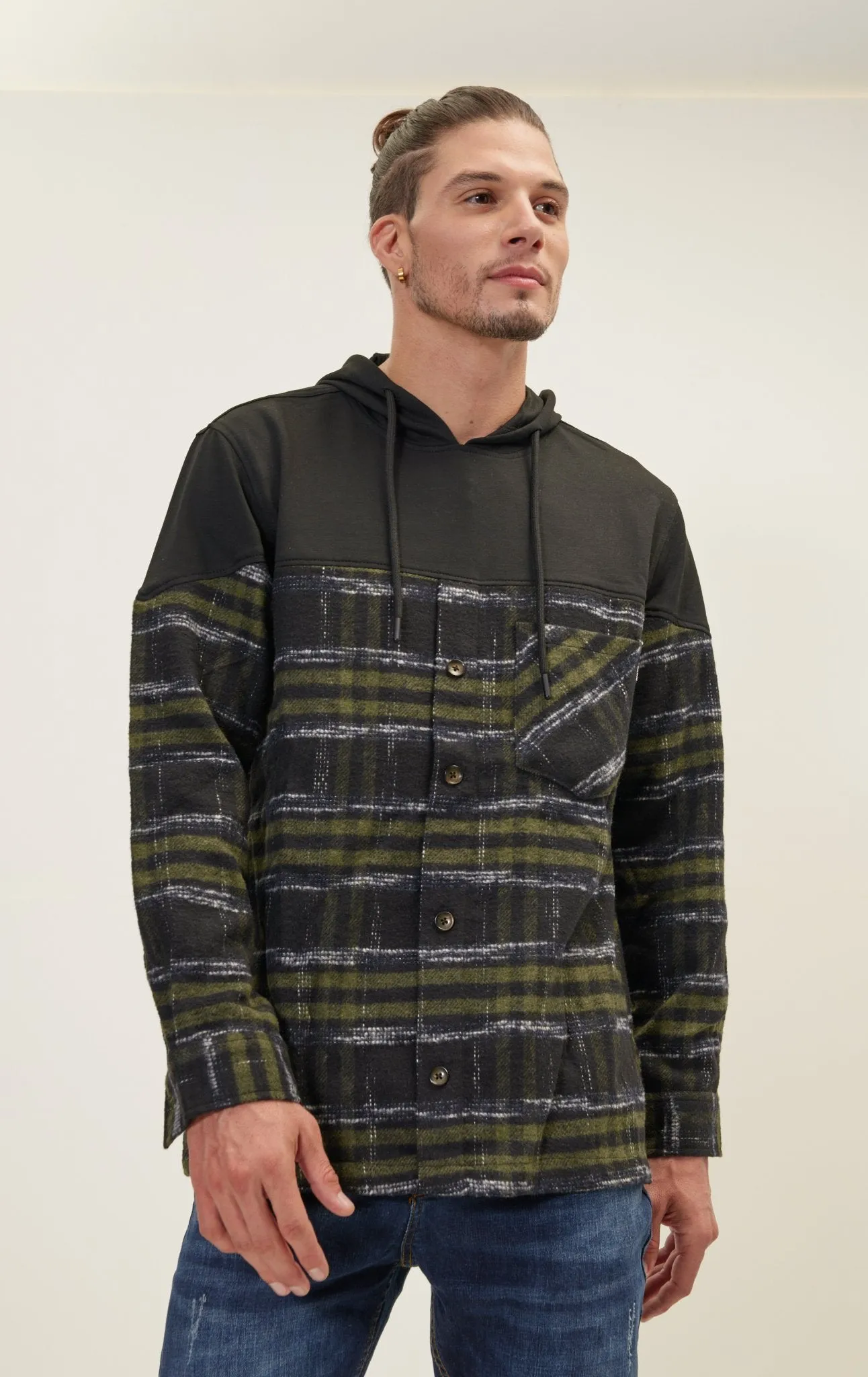 Button Down Plaid Flannel Pullover Hoodie - Green Black