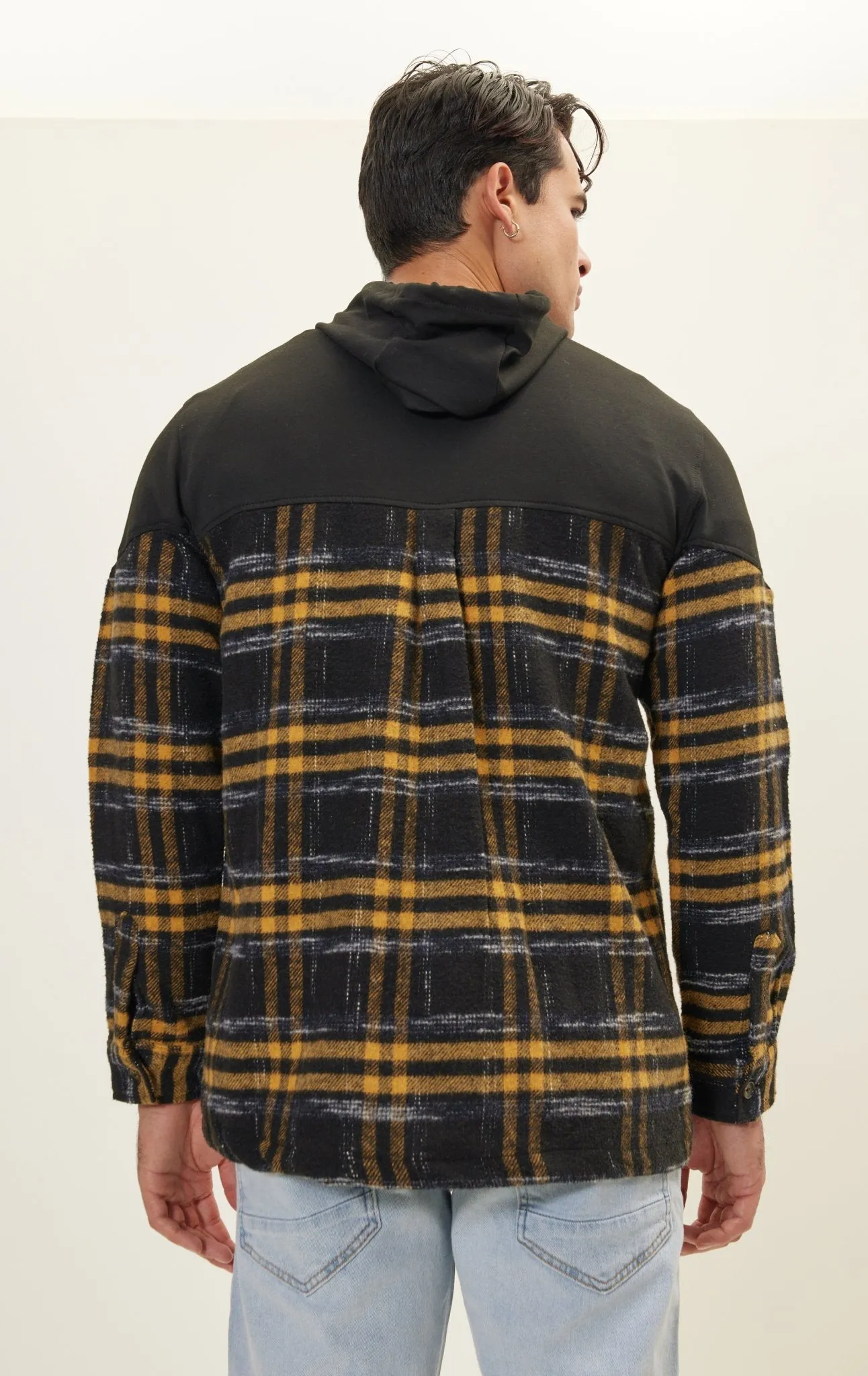 Button Down Plaid Flannel Pullover Hoodie - Yellow Black