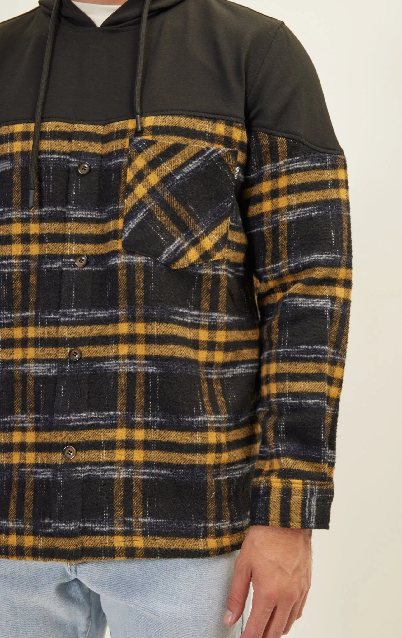 Button Down Plaid Flannel Pullover Hoodie - Yellow Black