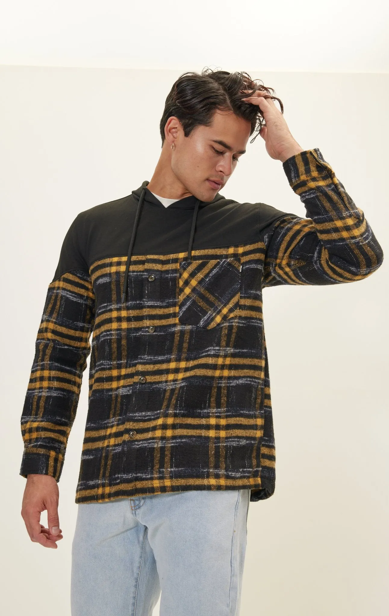 Button Down Plaid Flannel Pullover Hoodie - Yellow Black