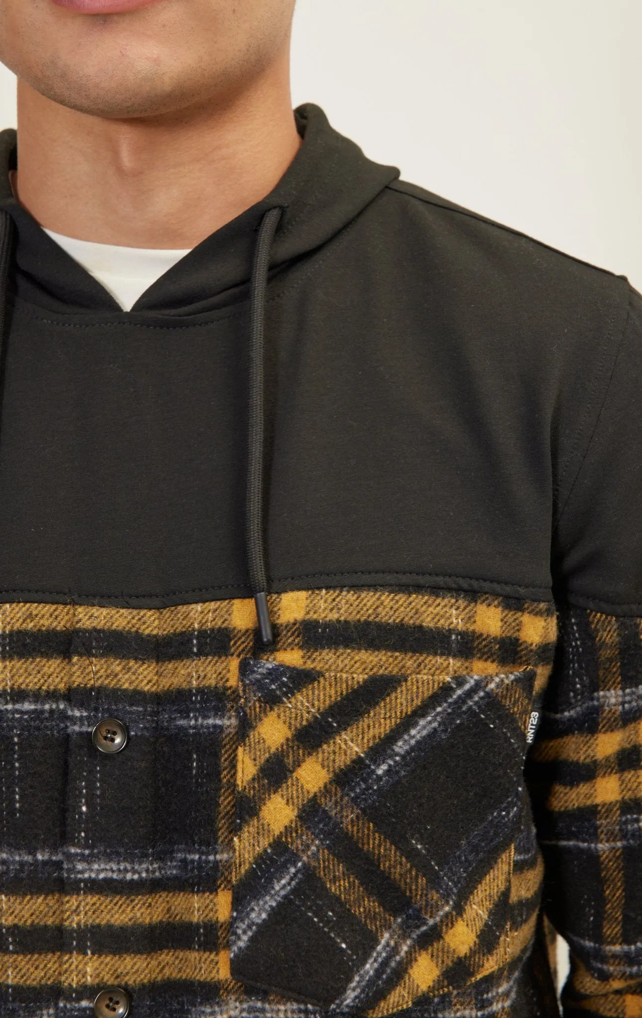 Button Down Plaid Flannel Pullover Hoodie - Yellow Black