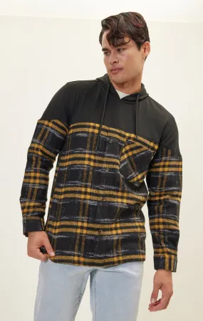 Button Down Plaid Flannel Pullover Hoodie - Yellow Black