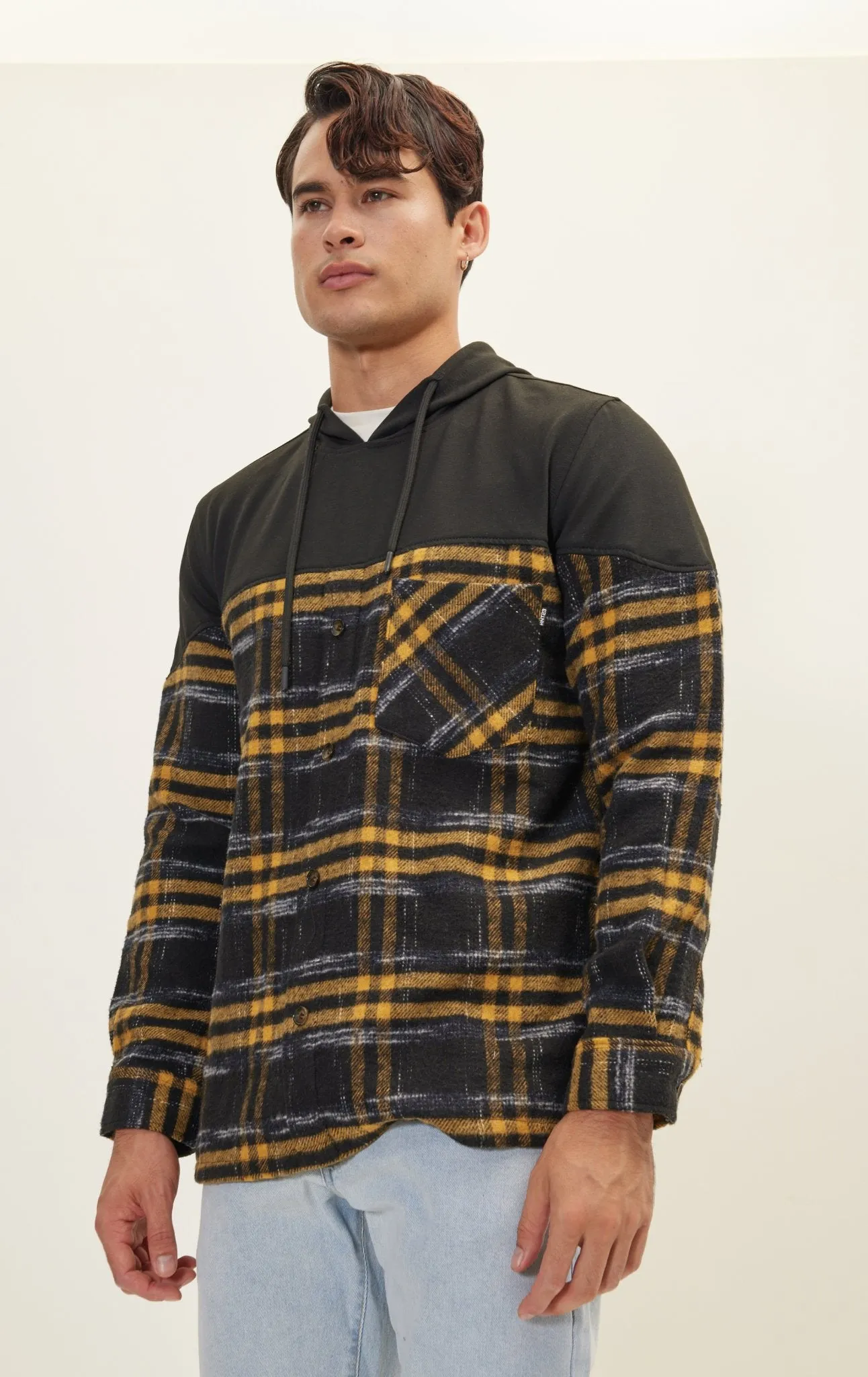 Button Down Plaid Flannel Pullover Hoodie - Yellow Black