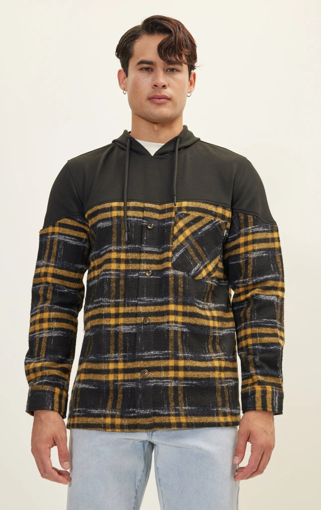 Button Down Plaid Flannel Pullover Hoodie - Yellow Black