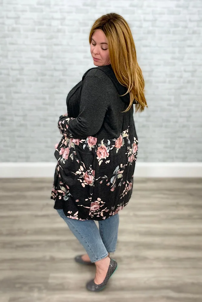 Charcoal and Pink Hoodie Cardigan with Color Block Solid & Floral Print