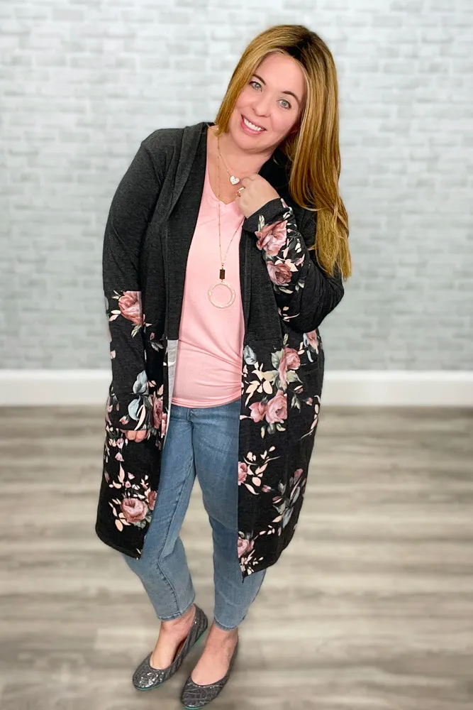 Charcoal and Pink Hoodie Cardigan with Color Block Solid & Floral Print