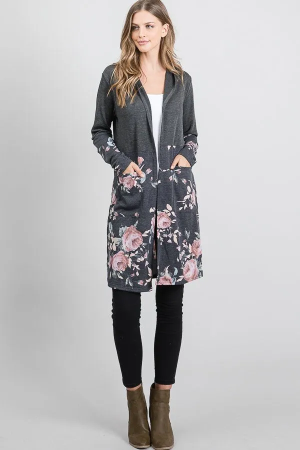 Charcoal and Pink Hoodie Cardigan with Color Block Solid & Floral Print