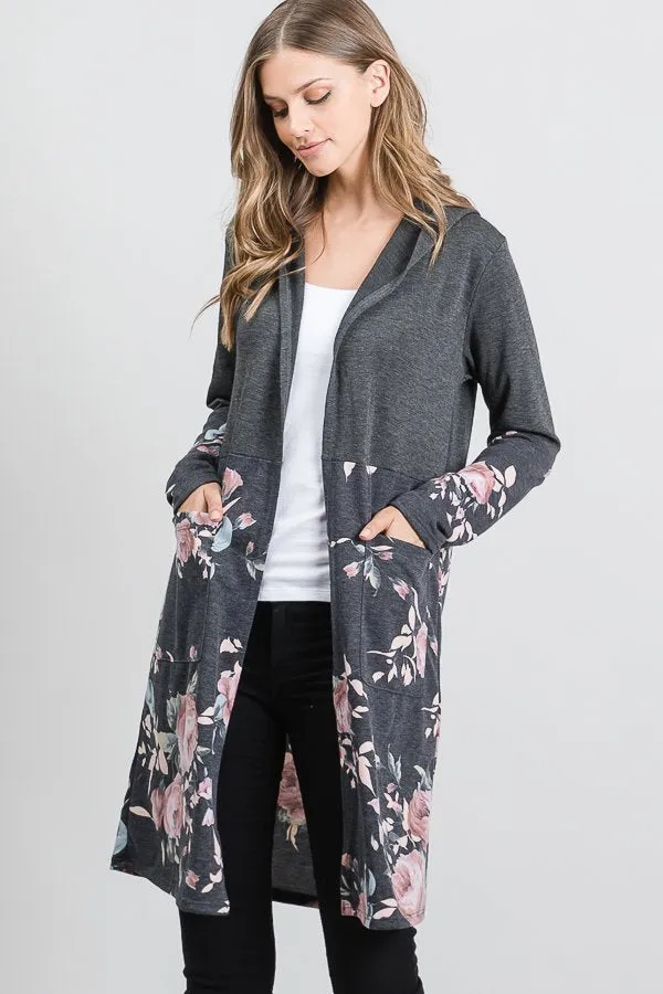 Charcoal and Pink Hoodie Cardigan with Color Block Solid & Floral Print