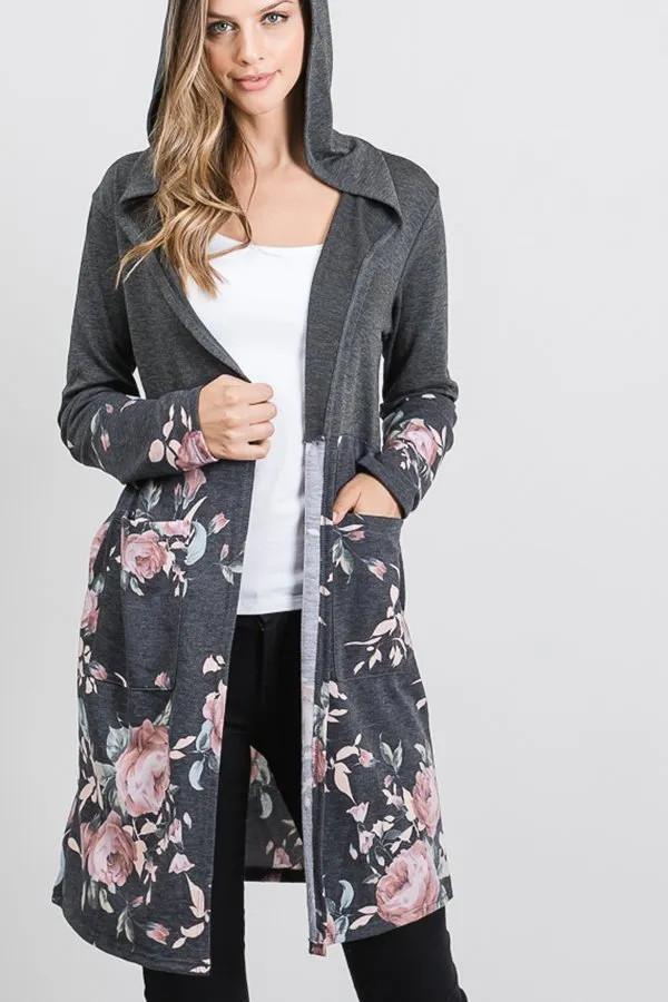 Charcoal and Pink Hoodie Cardigan with Color Block Solid & Floral Print