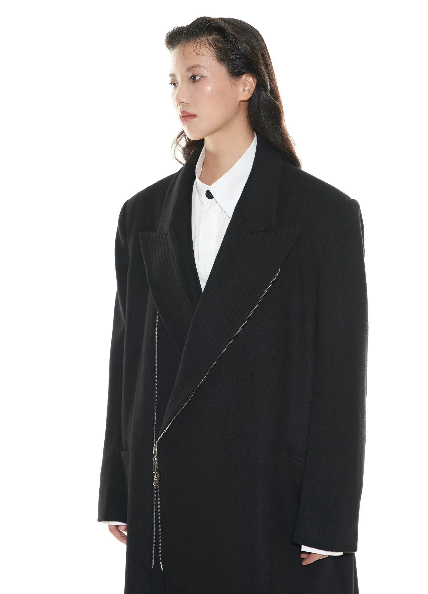 Chic Double-Breasted Wool Blend Overcoat With Metal Zipper