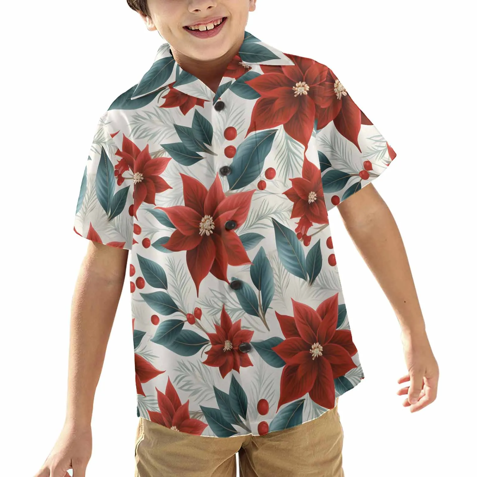 Christmas Red Poinsettia  Little Boys Hawaiian Shirt