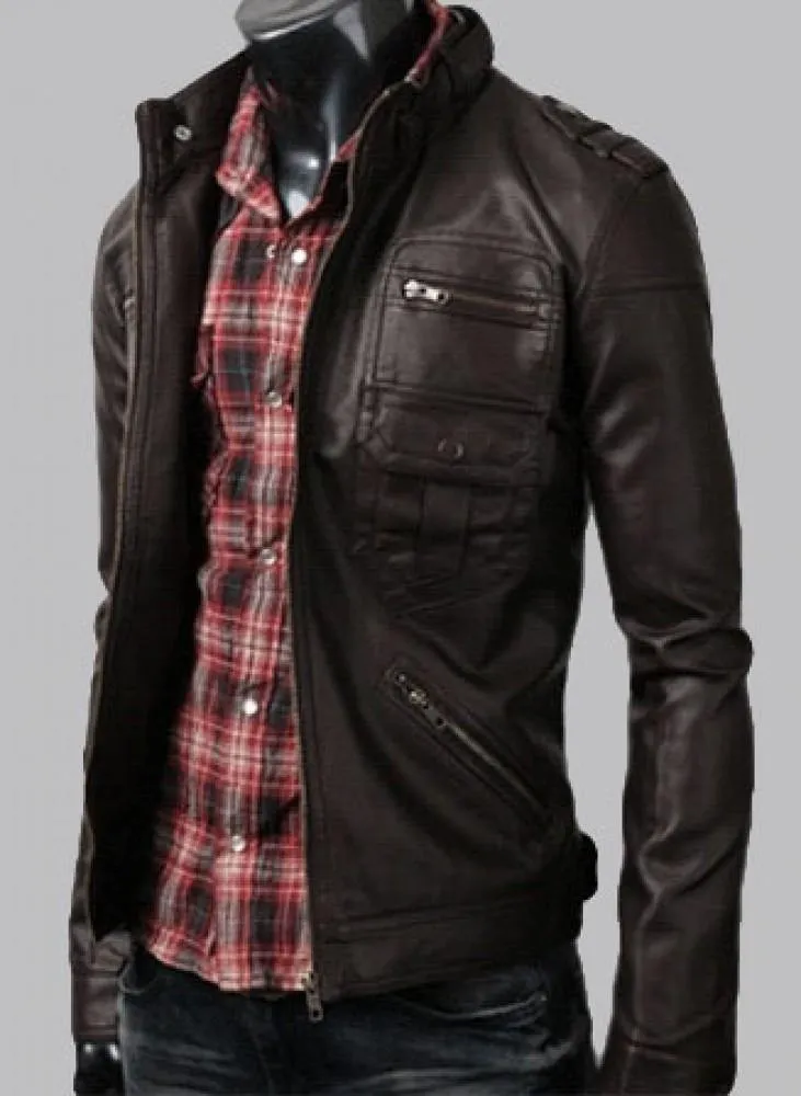 Classic Dark Brown Zip Pocket Leather Jacket