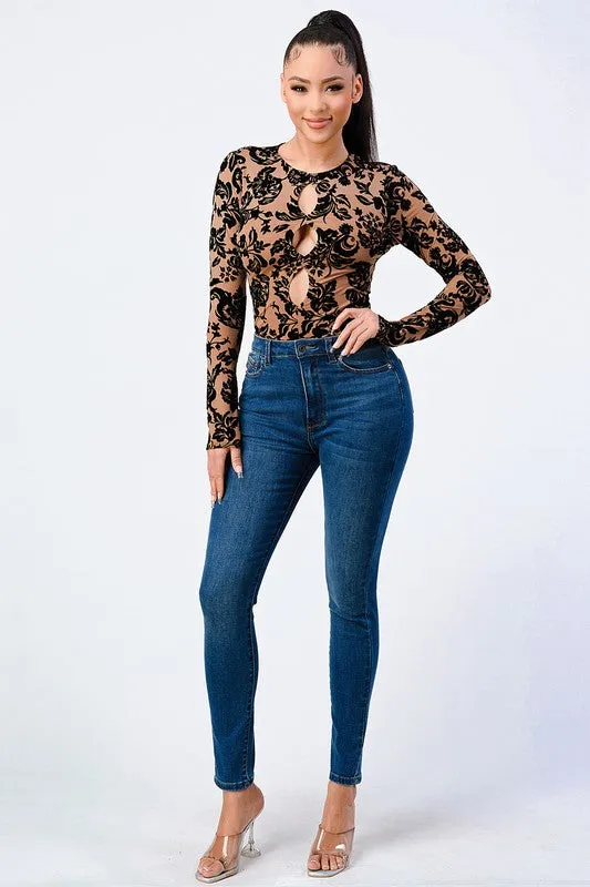 CLASSIC FLORAL FLOCKING PRINT BODYSUIT