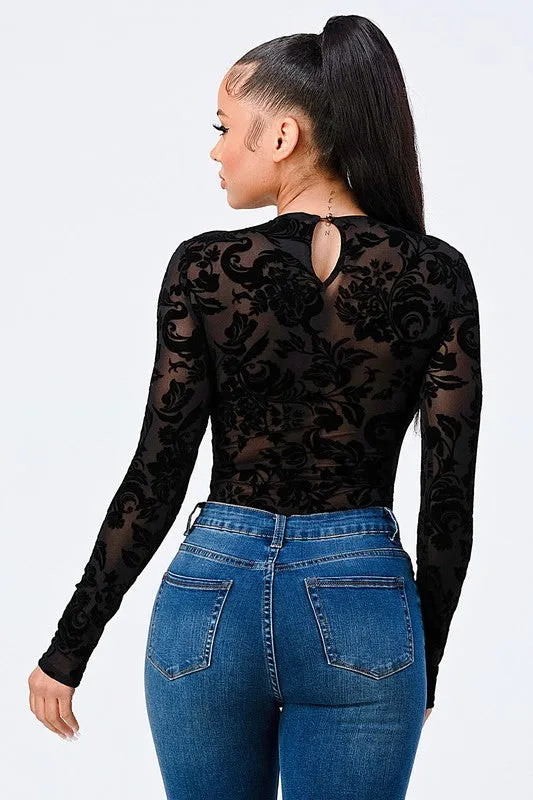 CLASSIC FLORAL FLOCKING PRINT BODYSUIT