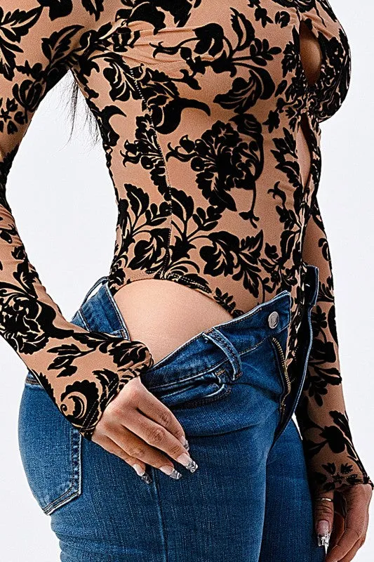 CLASSIC FLORAL FLOCKING PRINT BODYSUIT