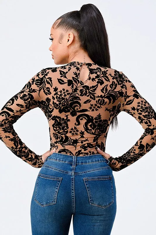 CLASSIC FLORAL FLOCKING PRINT BODYSUIT