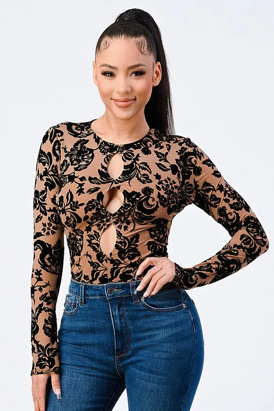 CLASSIC FLORAL FLOCKING PRINT BODYSUIT