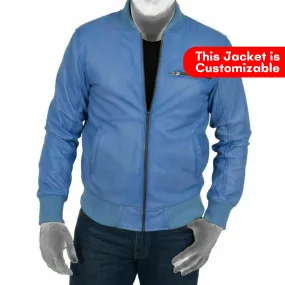 Classic Retro Bomber Varsity Men's Blue Leather Jacket