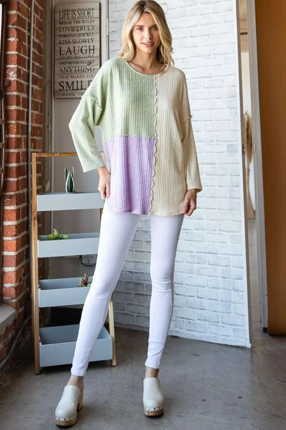 Color Block Round Neck Dropped Shoulder Blouse