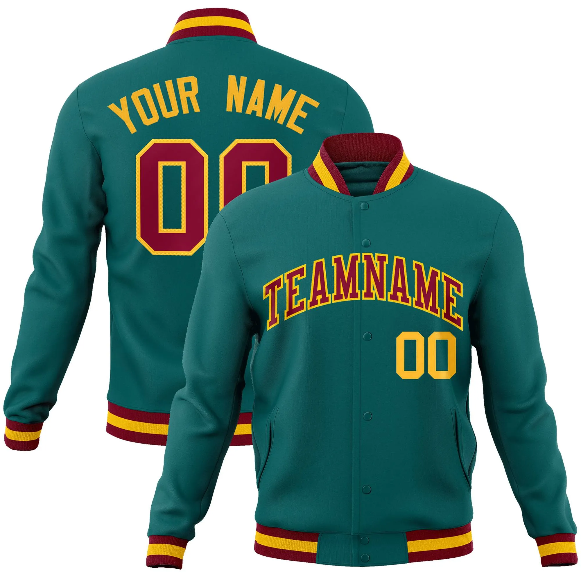 Custom Aqua Crimson-Gold Classic Style Varsity Full-Snap Letterman Jacket