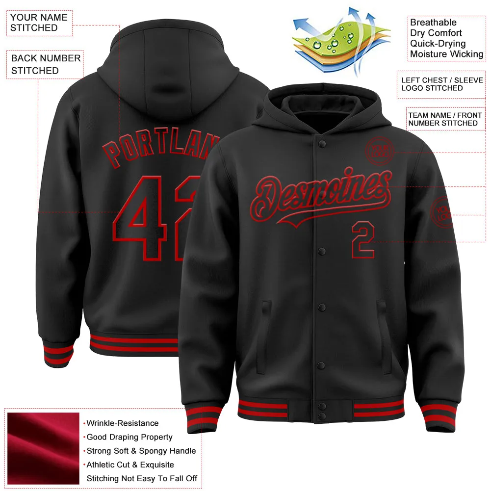 Custom Black Red Bomber Full-Snap Varsity Letterman Hoodie Jacket