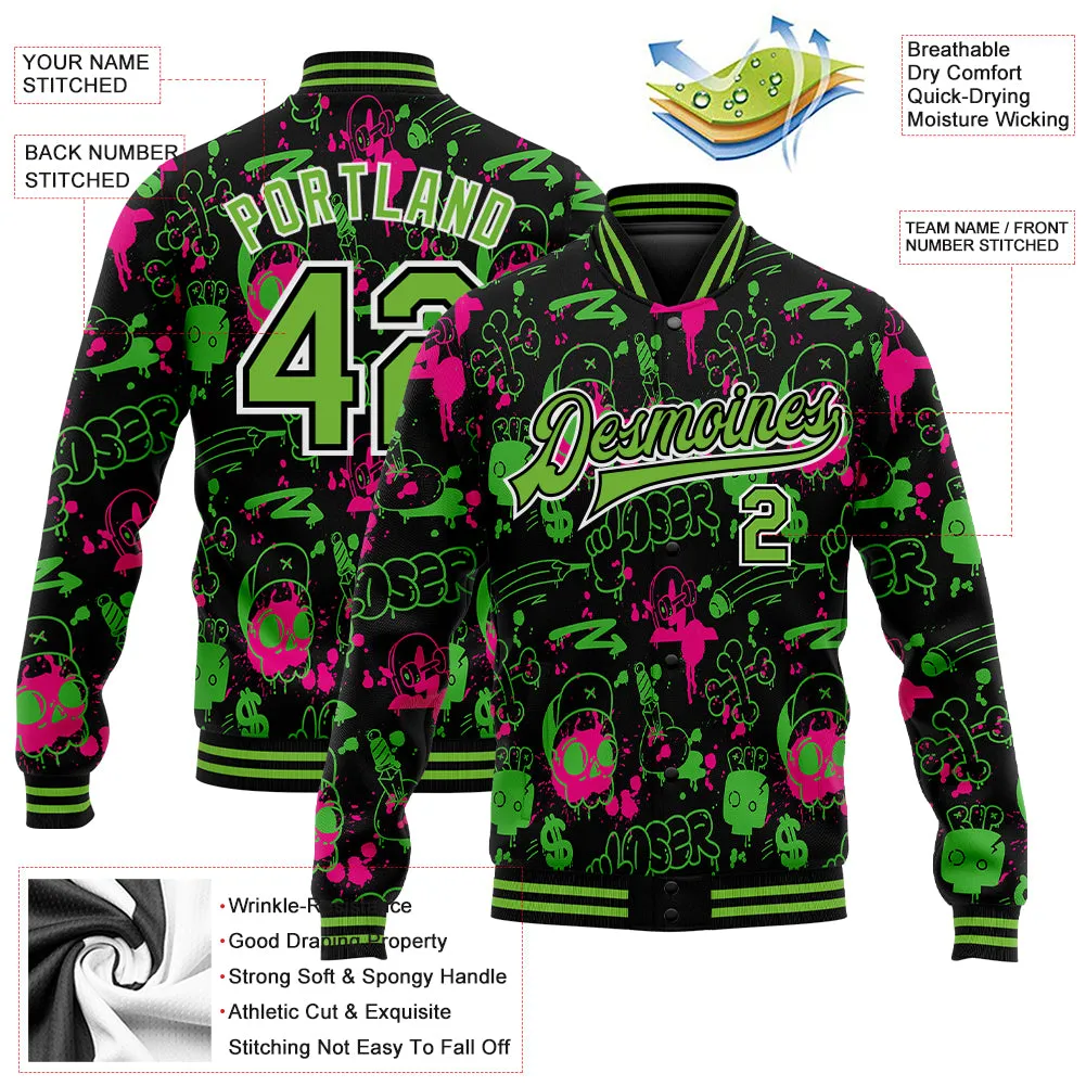 Custom Graffiti Pattern Neon Green-Black Abstract Grunge Art 3D Bomber Full-Snap Varsity Letterman Jacket