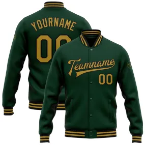 Custom Green Old Gold-Black Bomber Full-Snap Varsity Letterman Jacket