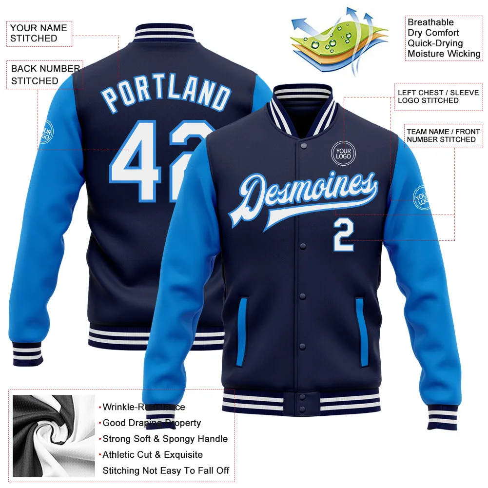 Custom Navy White-Powder Blue Bomber Full-Snap Varsity Letterman Two Tone Jacket