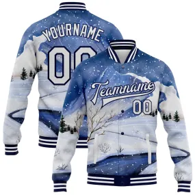 Custom Royal White-Navy Watercolor Winter Snow Landscape 3D Pattern Design Bomber Full-Snap Varsity Letterman Jacket