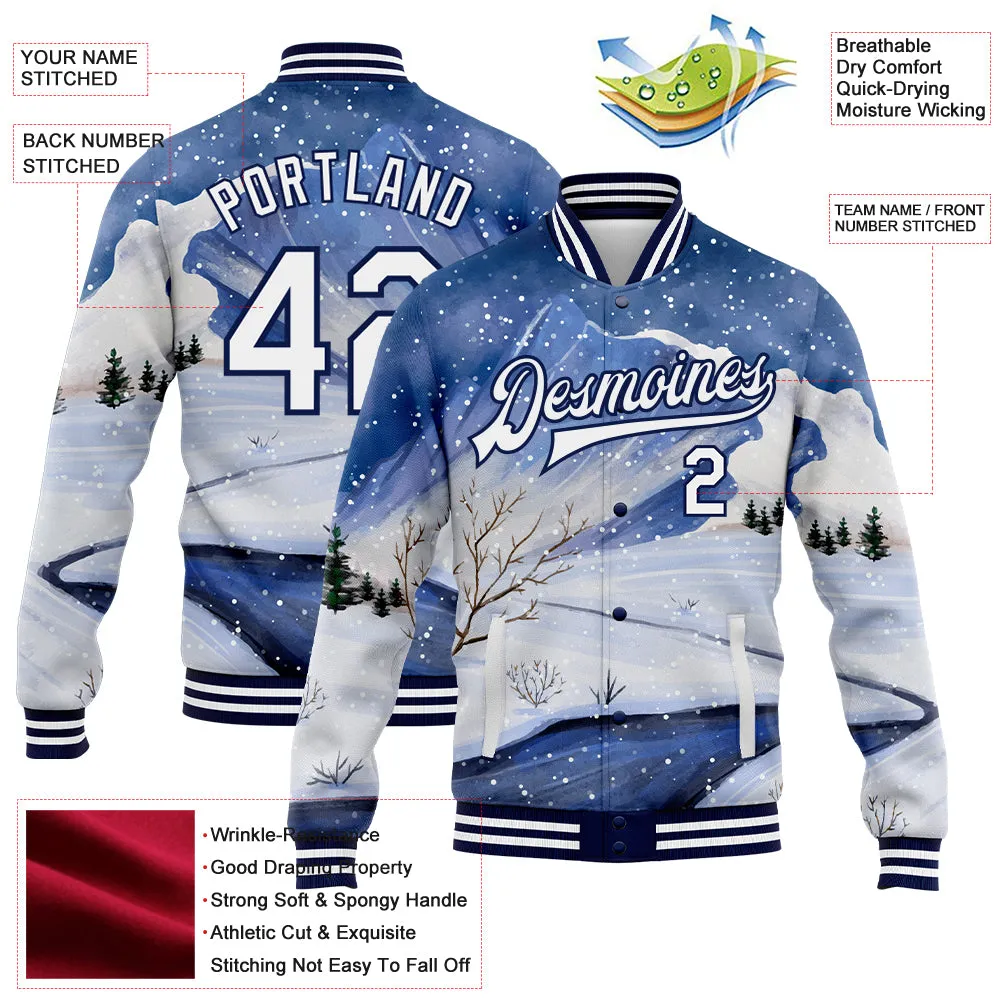 Custom Royal White-Navy Watercolor Winter Snow Landscape 3D Pattern Design Bomber Full-Snap Varsity Letterman Jacket