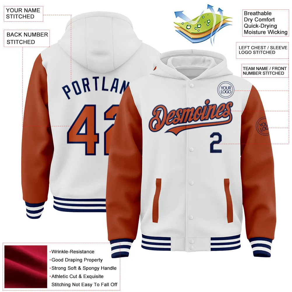 Custom White Texas Orange-Navy Bomber Full-Snap Varsity Letterman Two Tone Hoodie Jacket