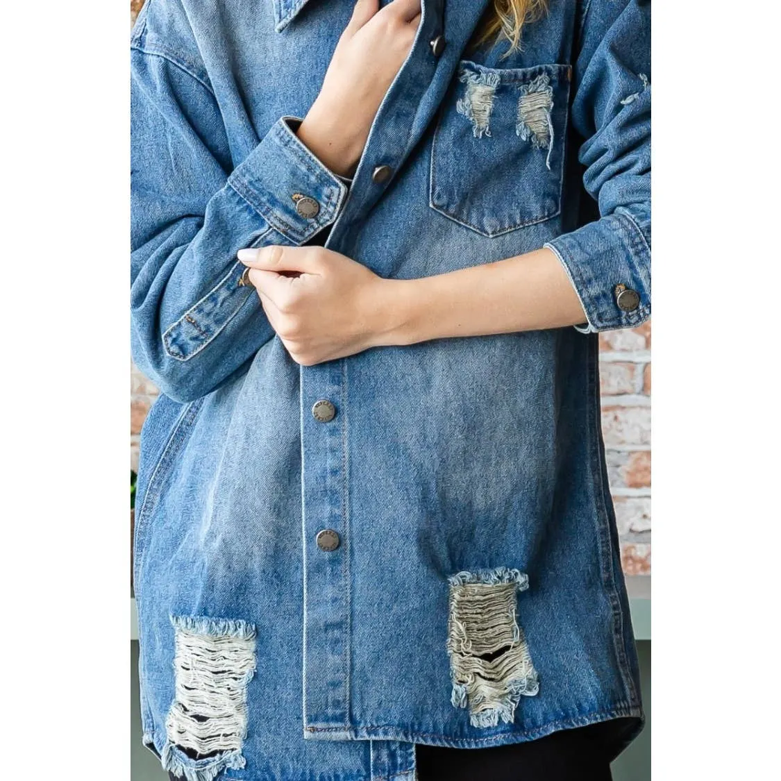 Distressed Denim Shirts Jacket: Medium Wash