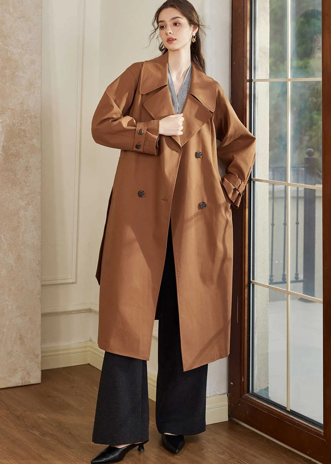 Double Breasted Belted Brown Long Trench Coat